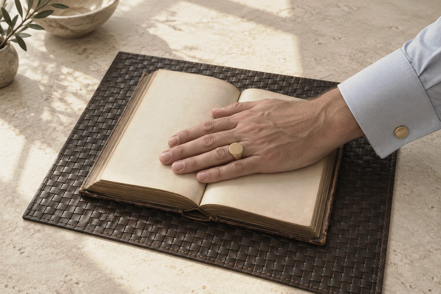 A man's hand wearing a signet ring resting on an open book, as if swearing an oath