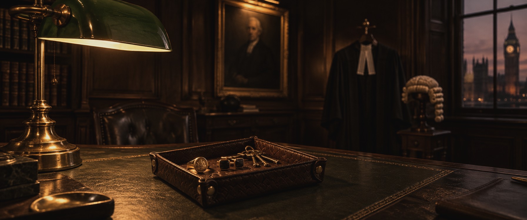 Barristers' chambers by lamplight, a woven leather tray on a partners' desk